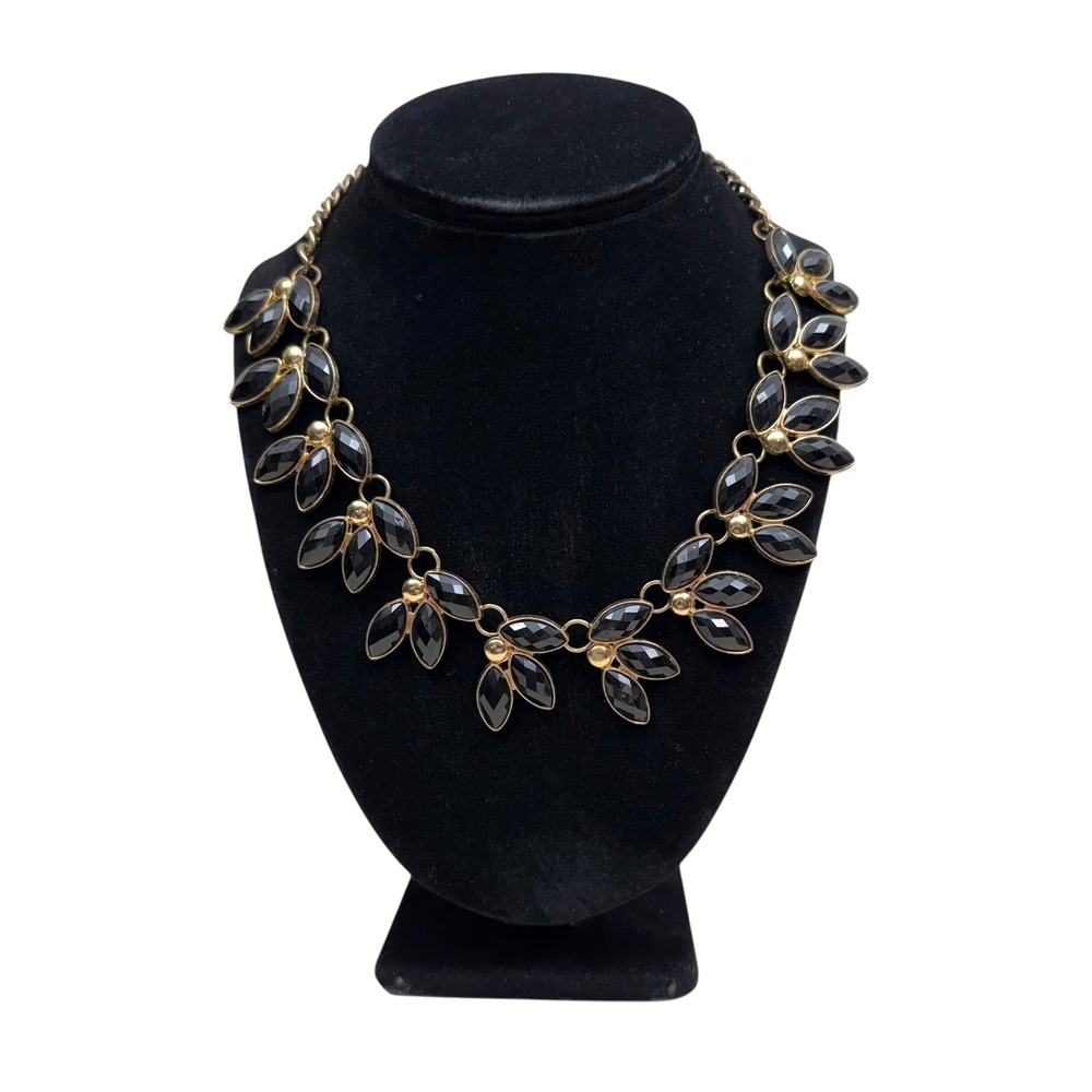 Black Onyx Acrylic Statement Necklace Gold Tone Floral Costume Jewelry 8.5 in L